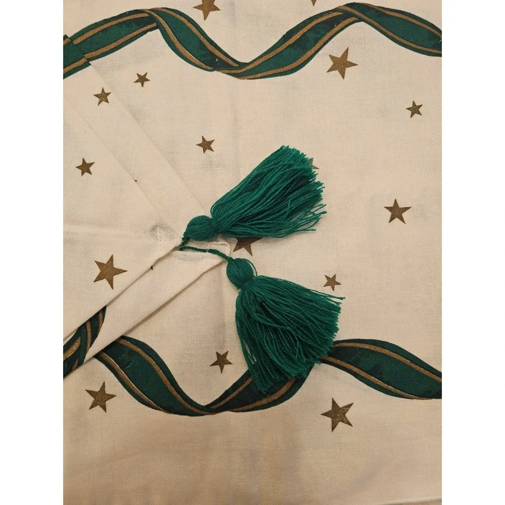 Vintage Vera Holiday Table‎ Runner Green Ribbon Stars Tassels Cream